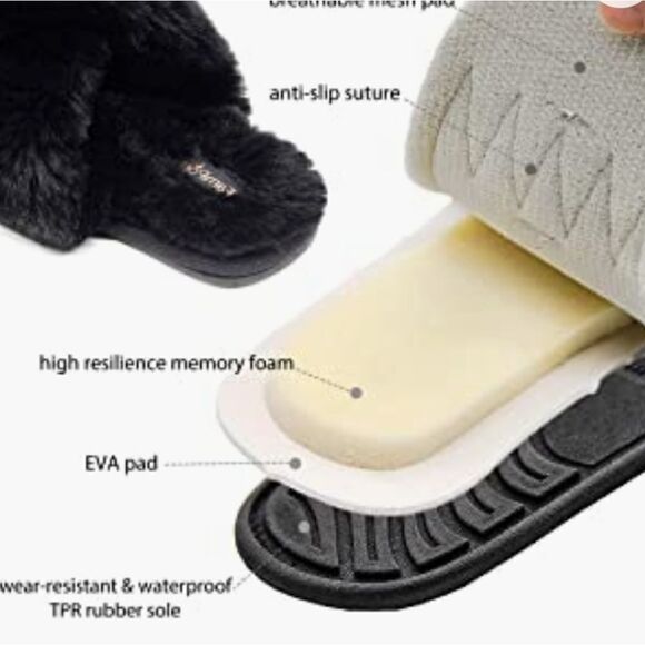 FamiPort Fuzzy Fur Cross-Band Cushioned Non-Slip indoor/outdoor slippers - Picture 2 of 14